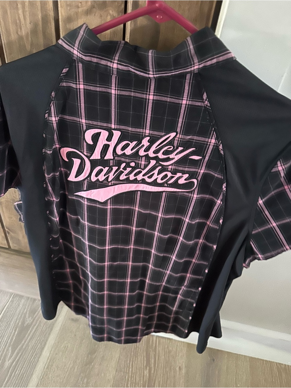 Harley-Davidson Black and Pink Plaid Women's Short Sleeve Button-Up - Picture 2 of 3